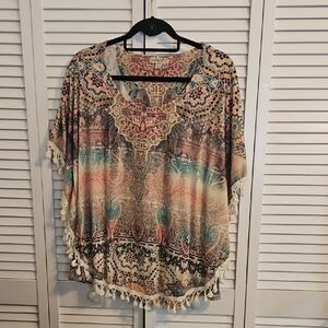 ONE WORLD Multicolor Patterned Tassel Poncho